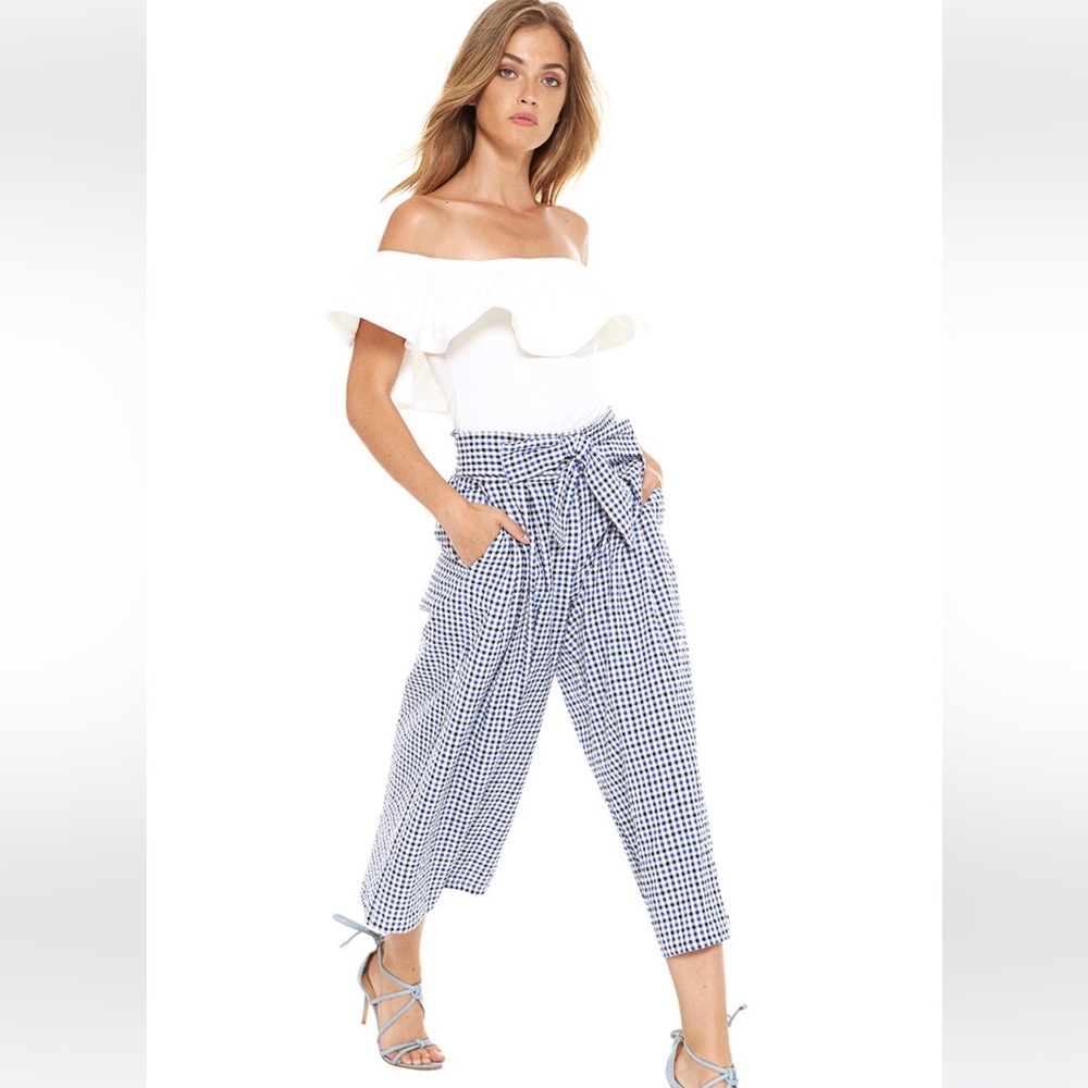 MISA Los Angelas Black and Blue Gingham Wide-Leg Cropped Pant